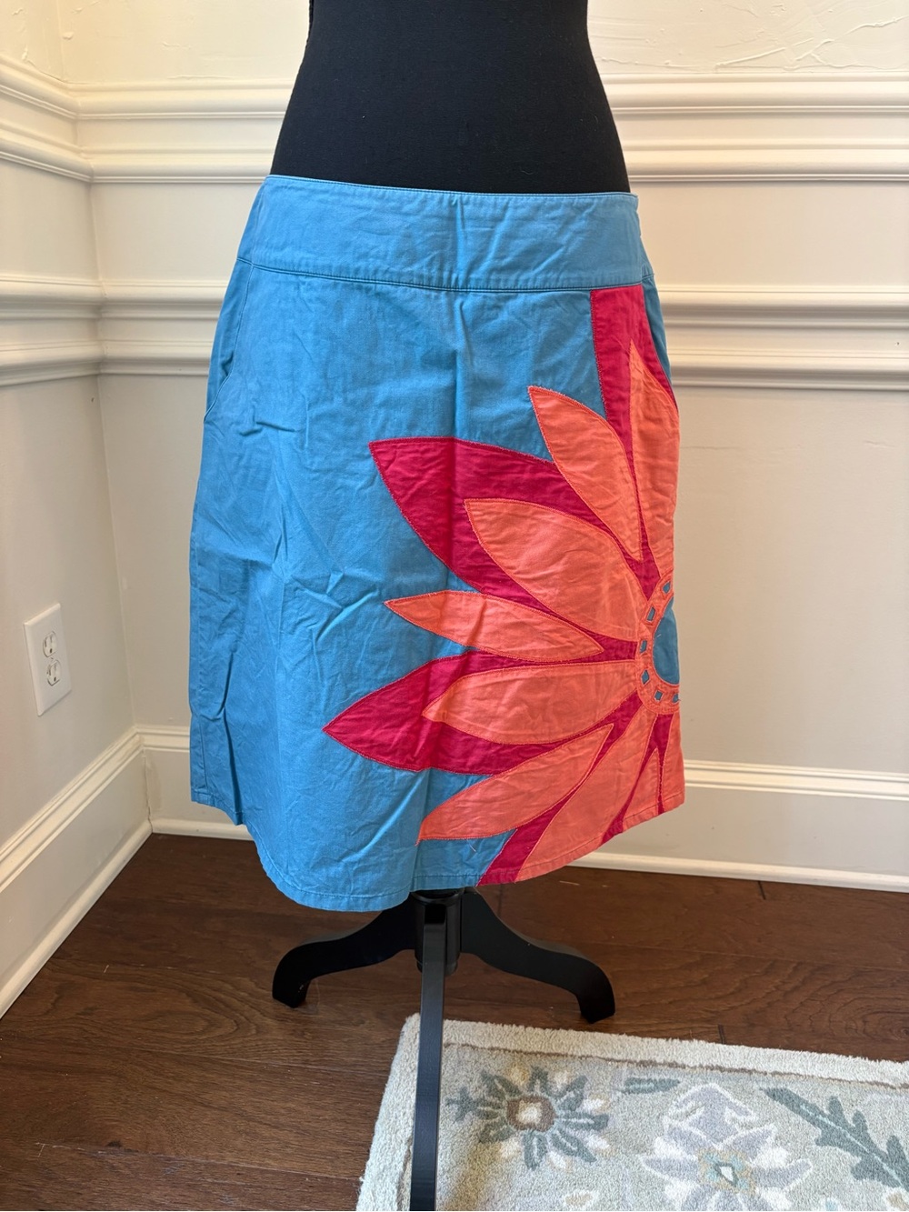Boden Blue Cotton Skirt with Pink & Coral Floral Appliqué